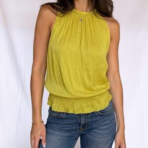 Cliche Yellow Satin Look Smocked Blouson Sleeveless Top Size Small
